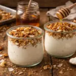 Iogurte natural em potes de vidro com granola caseira de aveia, mel, castanhas e coco sobre mesa rústica