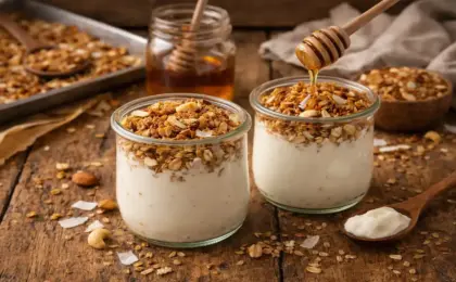 Iogurte natural em potes de vidro com granola caseira de aveia, mel, castanhas e coco sobre mesa rústica