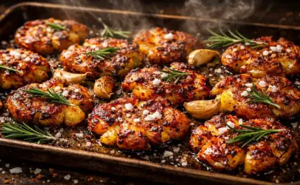 Assadeira com batatas ao murro achatadas e super douradas, brilhando com azeite avermelhado de urucum, salpicadas com sal grosso e ramos de alecrim tostados.
