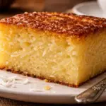 Fatia de bolo de aipim cremoso servida em prato de sobremesa, mostrando a textura úmida e pedaços de coco fresco, acompanhada de uma xícara de café.