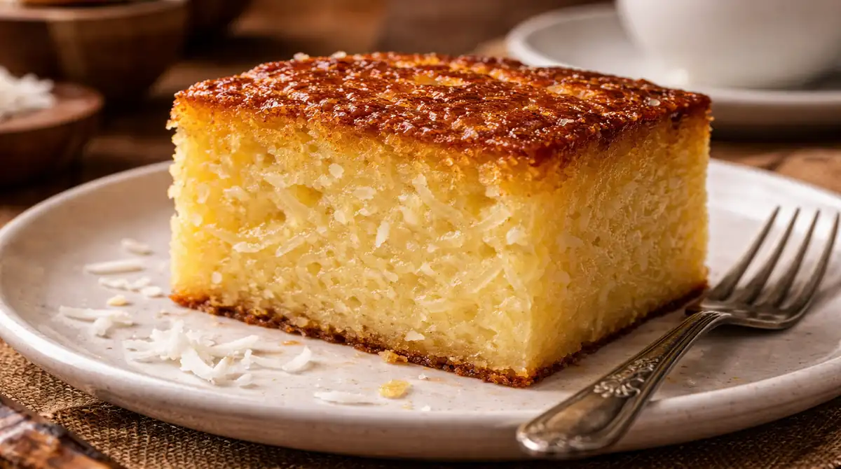 Fatia de bolo de aipim cremoso servida em prato de sobremesa, mostrando a textura úmida e pedaços de coco fresco, acompanhada de uma xícara de café.