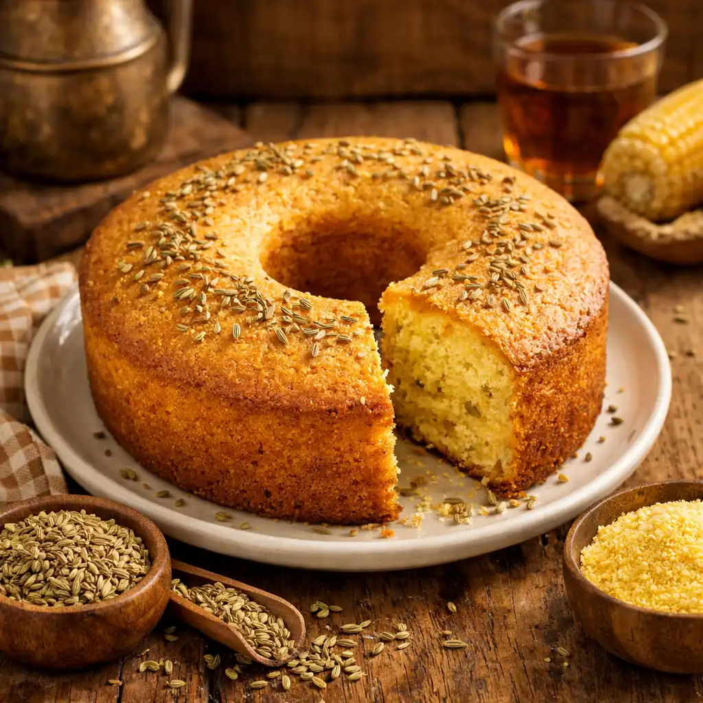 "Bolo de fubá dourado e fofinho com furo no meio, polvilhado com sementes de erva-doce, servido em prato branco sobre mesa de madeira rústica, acompanhado de milho e xícara de chá ao fundo."