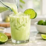 Copo alto com Limonada Suíça cremosa (Brazilian Lemonade) e bastante gelo, decorado com uma rodela de limão.