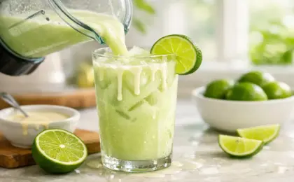Copo alto com Limonada Suíça cremosa (Brazilian Lemonade) e bastante gelo, decorado com uma rodela de limão.