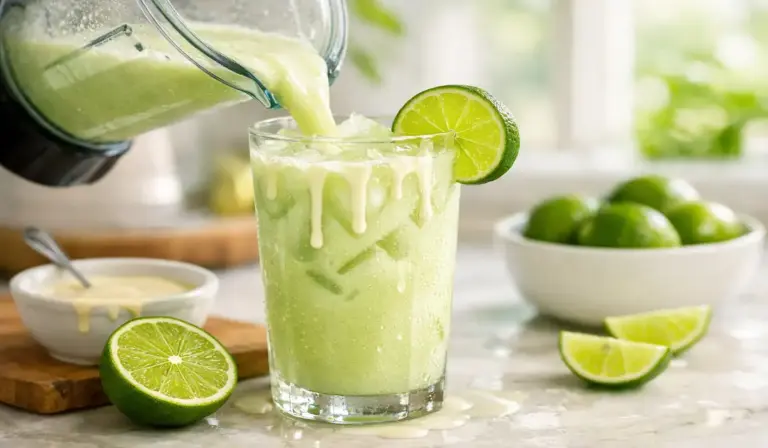 Copo alto com Limonada Suíça cremosa (Brazilian Lemonade) e bastante gelo, decorado com uma rodela de limão.