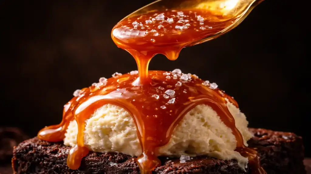 Close-up de uma colher despejando calda de caramelo salgado espessa e brilhante sobre uma sobremesa. Cristais de flor de sal são visíveis sobre a textura dourada e cremosa da calda.
