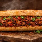 Sanduíche de pão francês aberto recheado com carne louca de casca de banana desfiada, molho de tomate vermelho, cebola e pimentões, com salsinha por cima.