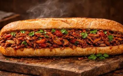 Sanduíche de pão francês aberto recheado com carne louca de casca de banana desfiada, molho de tomate vermelho, cebola e pimentões, com salsinha por cima.