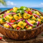 Tigela com ceviche de banana-da-terra, cebola roxa e coentro, uma opção de entrada refrescante e vegana.