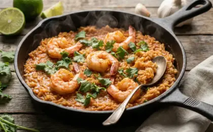 Panela de ferro fumegante sobre a mesa contendo arroz cremoso avermelhado misturado com camarões rosados e salpicado com muito coentro fresco.
