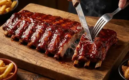 Costela de porco assada estilo Outback (Ribs on the Barbie) coberta com molho barbecue brilhante, servida em tábua de madeira com batatas fritas.