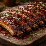 Costelinha de porco assada inteira sobre tábua de madeira, coberta por molho barbecue de goiabada vermelho brilhante e pegajoso, sendo cortada.