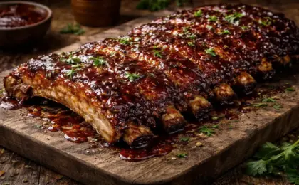 Costelinha de porco assada inteira sobre tábua de madeira, coberta por molho barbecue de goiabada vermelho brilhante e pegajoso, sendo cortada.