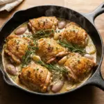 Frigideira de ferro com coxas de frango douradas ao molho cremoso de mostarda e vinho branco, decoradas com tomilho.