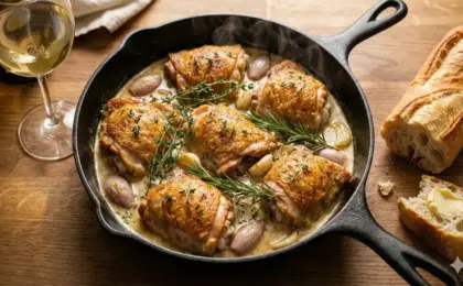 Frigideira de ferro com coxas de frango douradas ao molho cremoso de mostarda e vinho branco, decoradas com tomilho.
