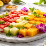 Travessa com frutas tropicais cortadas em cubos geométricos e decoradas com hortelã, exemplificando técnicas de mesa posta.