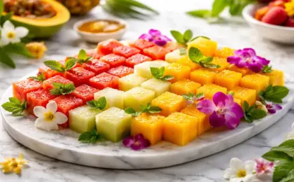Travessa com frutas tropicais cortadas em cubos geométricos e decoradas com hortelã, exemplificando técnicas de mesa posta.