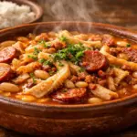 Prato de barro servido com dobradinha paulista quente, feijão branco, calabresa em rodelas e bacon, decorado com cheiro-verde fresco.