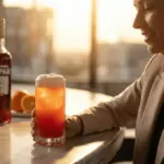 Copo alto com Drink Garibaldi, mostrando a mistura de Campari vermelho e a espuma densa de suco de laranja no topo.