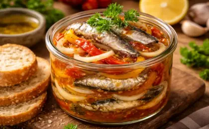 Foto em close de uma tigela rústica com escabeche de sardinha, mostrando camadas de peixe, pimentões coloridos, cebola e bastante azeite. Fatias de pão italiano aparecem ao lado para acompanhar.