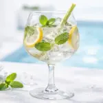 Taça de vinho grande com drink transparente e gelado (Hugo Spritz), decorado com muitas folhas de hortelã, rodelas de limão e talo de capim-limão, sob luz solar forte.