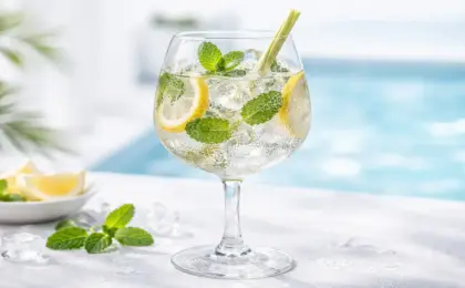 Taça de vinho grande com drink transparente e gelado (Hugo Spritz), decorado com muitas folhas de hortelã, rodelas de limão e talo de capim-limão, sob luz solar forte.