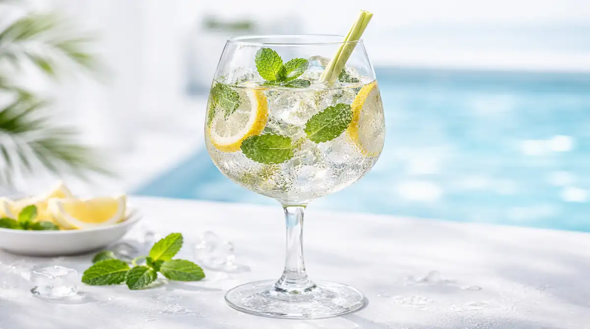 Taça de vinho grande com drink transparente e gelado (Hugo Spritz), decorado com muitas folhas de hortelã, rodelas de limão e talo de capim-limão, sob luz solar forte.