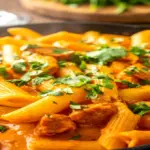 Macarrão penne cremoso com linguiça dourada e coentro em uma panela de ferro.