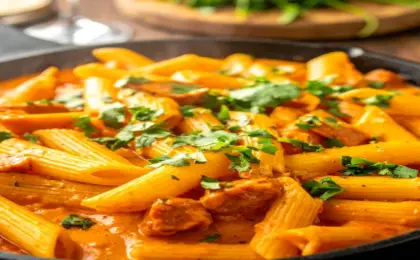 Macarrão penne cremoso com linguiça dourada e coentro em uma panela de ferro.