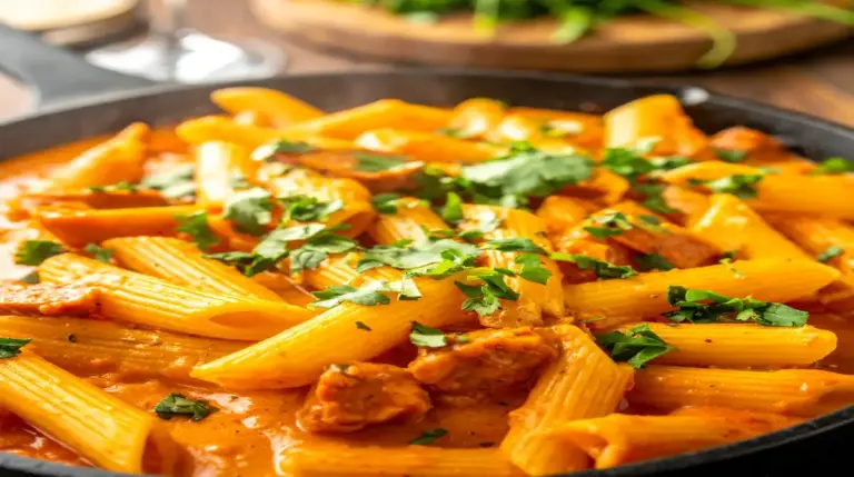 Foto em close-up de uma caçarola de ferro fumegante no fogão, contendo macarrão penne envolvido em um molho vermelho cremoso com rodelas de linguiça defumada dourada e bastante coentro fresco por cima.