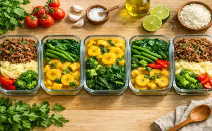 Cinco potes de vidro com marmitas organizadas sobre uma bancada, contendo receitas variadas como escondidinho e moqueca de banana.