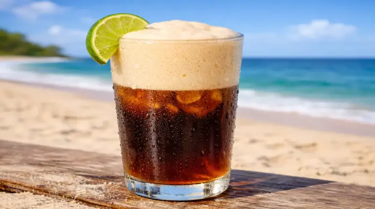 Copo grande de vidro suado com mate gelado escuro e uma camada grossa de espuma de limão bege por cima, decorado com fatia de limão, em cenário de praia.