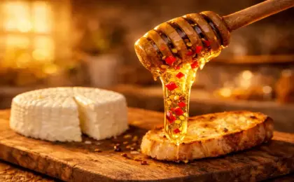 Colher de madeira pingando mel dourado infundido com flocos de pimenta vermelha sobre uma fatia de torrada grelhada, ao lado de um queijo branco fresco em uma tábua de madeira rústica.