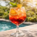 Taça de vinho grande com bebida vermelha gelada (hibisco), rodelas de laranja, muito gelo e hortelã, em cenário de verão ensolarado.