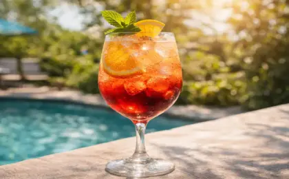 Taça de vinho grande com bebida vermelha gelada (hibisco), rodelas de laranja, muito gelo e hortelã, em cenário de verão ensolarado.