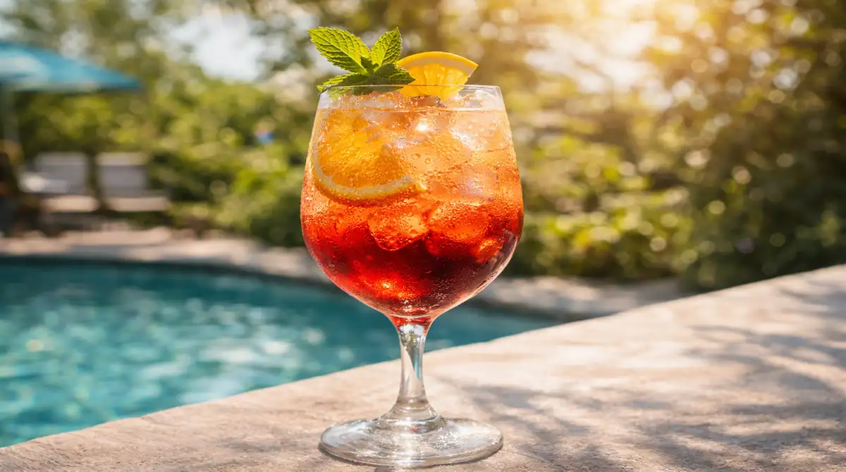 Taça de vinho grande com bebida vermelha gelada (hibisco), rodelas de laranja, muito gelo e hortelã, em cenário de verão ensolarado.