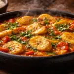 Panela de barro preta típica capixaba com moqueca de banana-da-terra fumegante, molho vermelho vibrante e coentro fresco por cima.