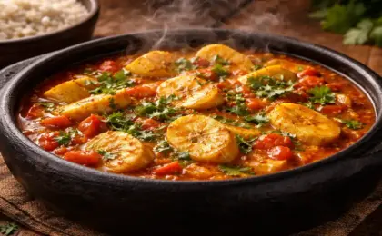 Panela de barro preta típica capixaba com moqueca de banana-da-terra fumegante, molho vermelho vibrante e coentro fresco por cima.
