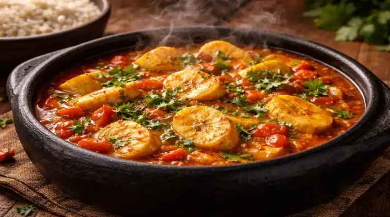 Panela de barro preta típica capixaba com moqueca de banana-da-terra fumegante, molho vermelho vibrante e coentro fresco por cima.