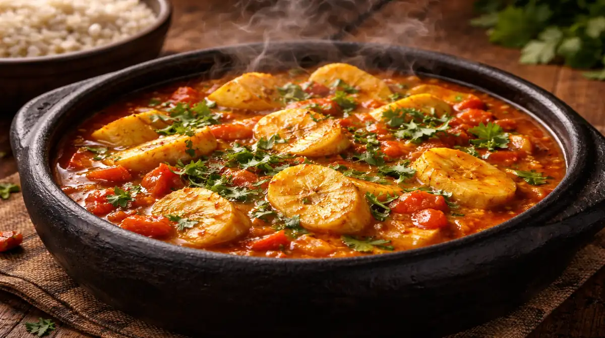 Panela de barro preta típica capixaba com moqueca de banana-da-terra fumegante, molho vermelho vibrante e coentro fresco por cima.