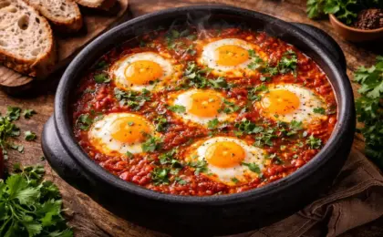 Panela de barro capixaba com moqueca de ovos (shakshuka brasileira) fumegante, molho vermelho de urucum e coentro fresco por cima.