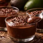 Taças de vidro com mousse de cacau funcional escura e cremosa, decoradas com nibs de cacau e uma colher mergulhada, sobre uma mesa de madeira rústica.