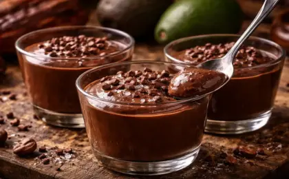 Taças de vidro com mousse de cacau funcional escura e cremosa, decoradas com nibs de cacau e uma colher mergulhada, sobre uma mesa de madeira rústica.