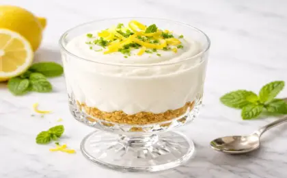 Taça de mousse de limão com biscoito triturado, raspas e uma rodela de limão.