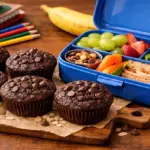 Muffins de cacau e aveia em forminhas coloridas ao lado de uma lancheira escolar.