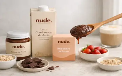 "Fotografia estilo editorial em uma bancada de cozinha moderna, mostrando as embalagens minimalistas da marca Nude (Creme de Aveia e Leite Condensado) ao lado de uma colher com brigadeiro cremoso feito à base de plantas."