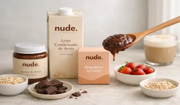 "Fotografia estilo editorial em uma bancada de cozinha moderna, mostrando as embalagens minimalistas da marca Nude (Creme de Aveia e Leite Condensado) ao lado de uma colher com brigadeiro cremoso feito à base de plantas."