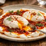 Ovos turcos com ovos poché, iogurte, manteiga picante, endro e pão tostado.