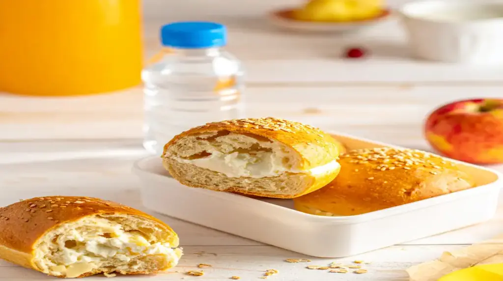 Lancheira escolar aberta com pães de queijo proteicos dourados, um deles aberto mostrando recheio de requeijão cremoso.