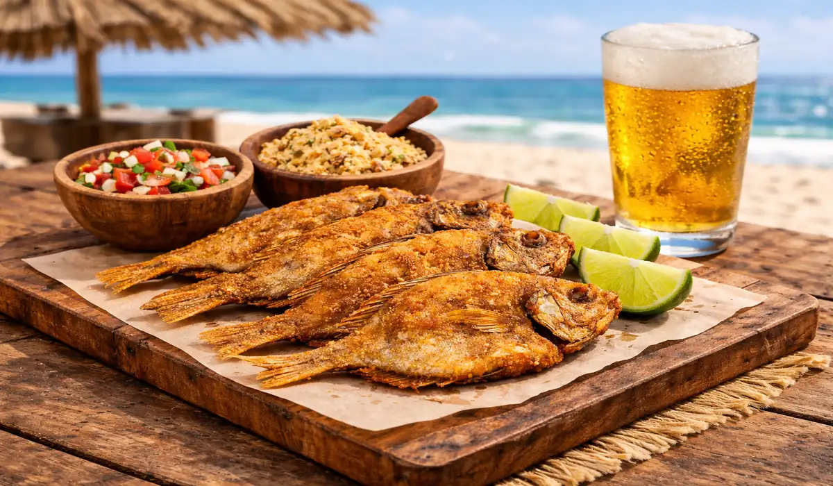 Porção de peixe Peroá frito e dourado servido com limão e vinagrete, feito na Airfryer sem óleo.